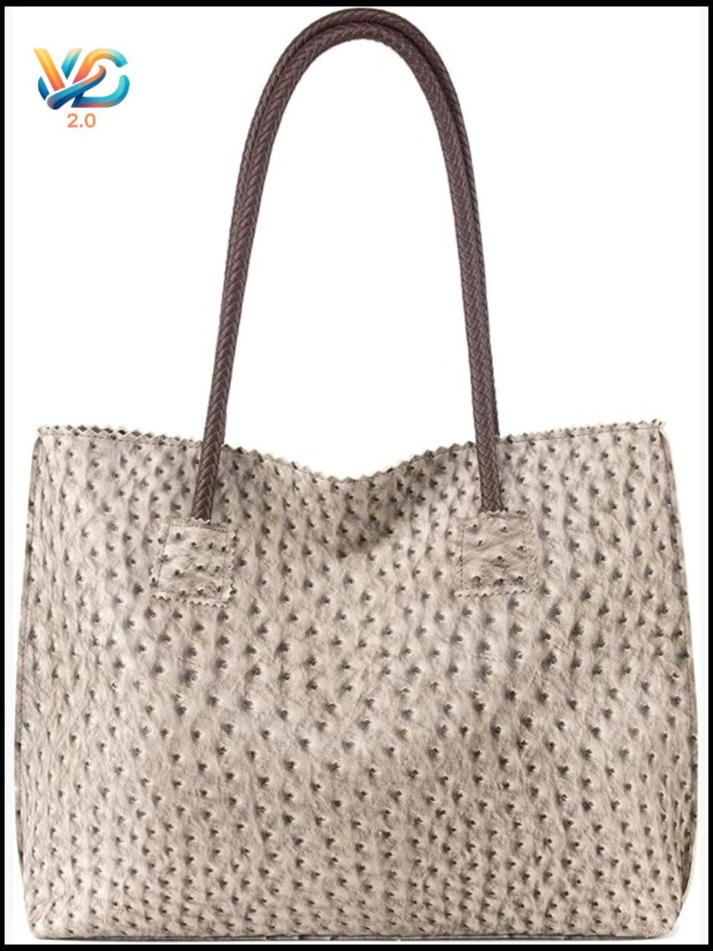 Large Ostrich Vegan Leather Tote Bag With Zipper Braided Handles Shoulder Purse
